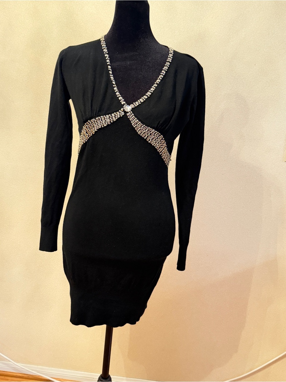 Black Long-Sleeve Rhinestone Accent Bodycon Dress